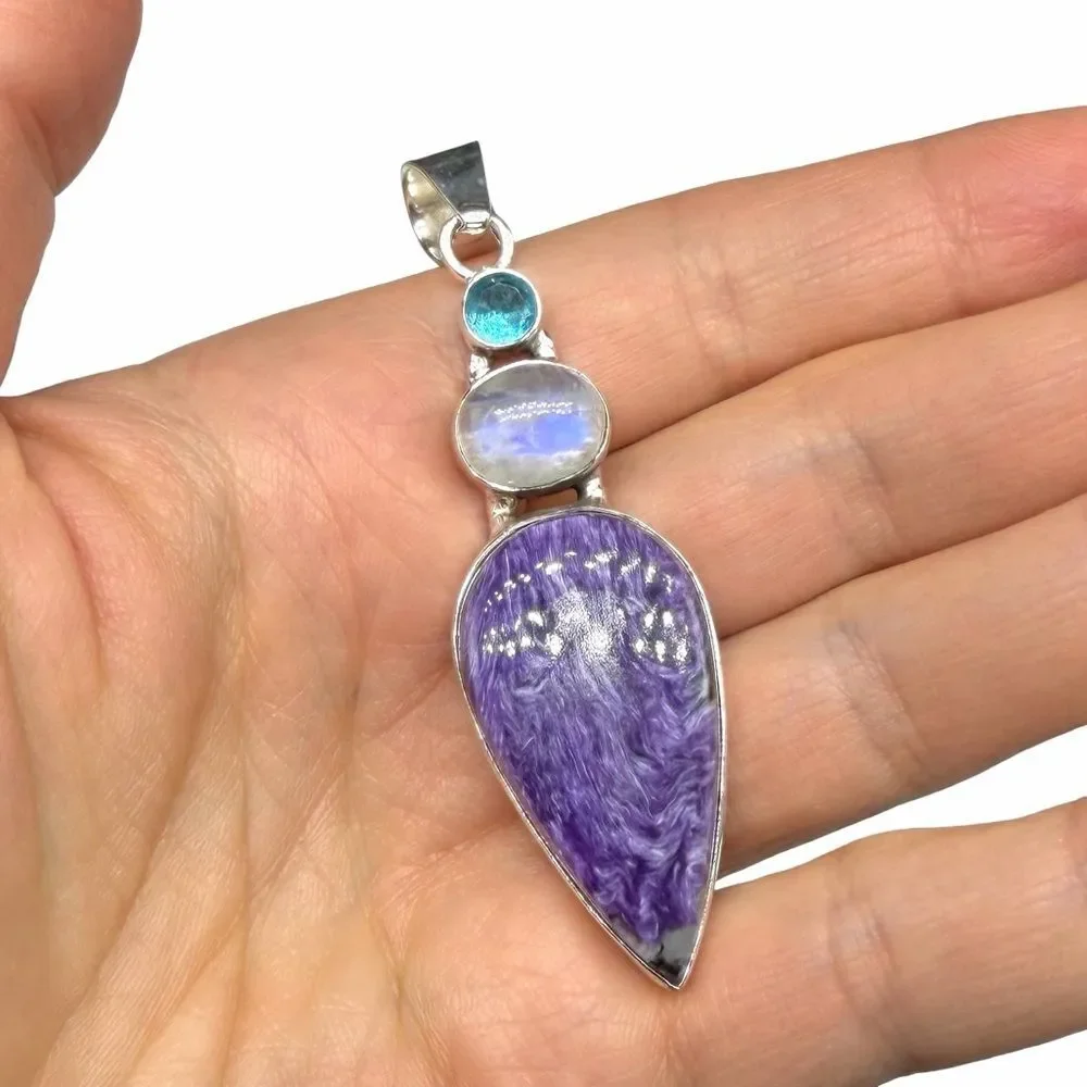Charoite Rainbow Moonstone Blue Topaz Necklace Pendant Solid 925 Sterling Silver